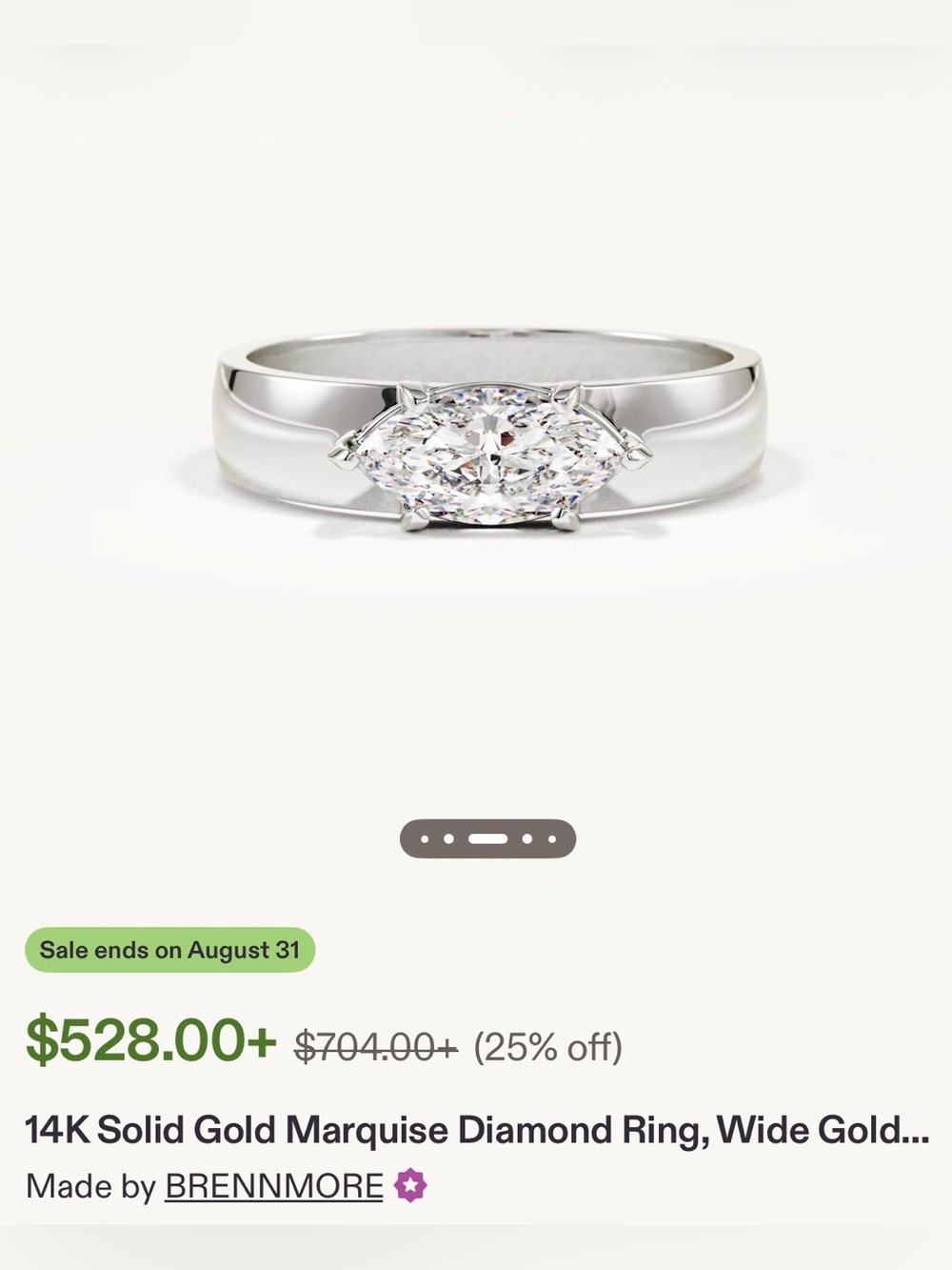 BRENNMORE 14K Solid White Gold, Marquise Diamond Ring, Size 6.5